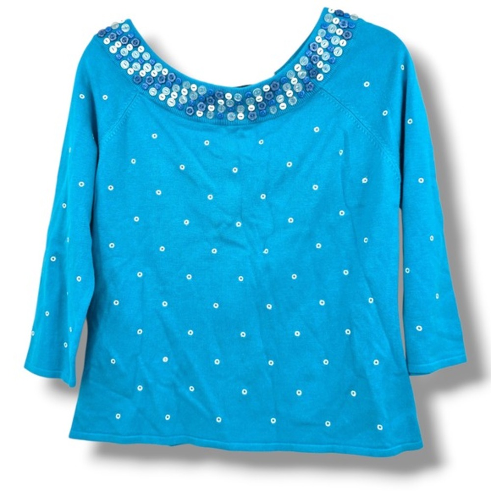 Peck & Peck Collection Turquoise Blue Button Embellished Boat Neck Sweater Large